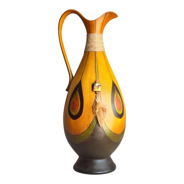 Vintage Midcentury African Bentwood Pitcher Vase With Sculptural Neck and Curving Handle, Teardrop Accents, Feather and Stone Tassel Detail For Sale