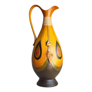 Vintage Midcentury African Bentwood Pitcher Vase With Sculptural Neck and Curving Handle, Teardrop Accents, Feather and Stone Tassel Detail