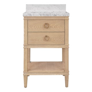 Matthew Izzo Home Cutler 24" Cerused Oak Single Porcelain Sink Bath Vanity With Marble Top and Antique Brass Ring Hardware For Sale