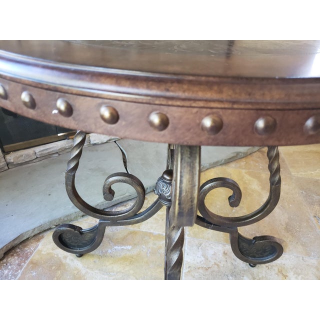 Nailhead Trim Leather Wrapped Side Table With Scrolling Metal Base