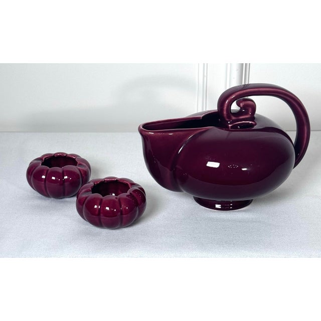 Robinson Ransbottom Pottery Co. Vintage Art Deco Robinson Ransbottom American Art Pottery Burgundy Ceramic Tea Pot Set For Sale - Image 4 of 12