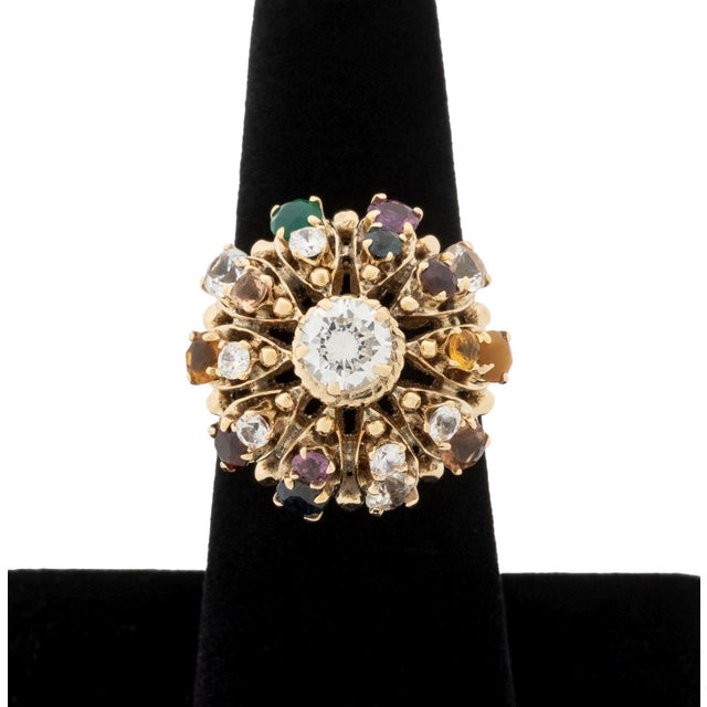 Thai 14K Yellow Gold and Multicolored Gemstone Cluster Ring, featuring twenty one prong set round brilliant cut diamond...