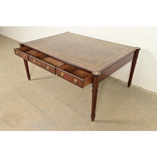 Wood Baker Furniture Stately Homes Collection English Regency Carved Mahogany Leather Top Partner's Desk For Sale - Image 7 of 18