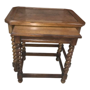 1950s Oak Wood Nesting Tables Turned Legs Stacking Tables - Set of 2