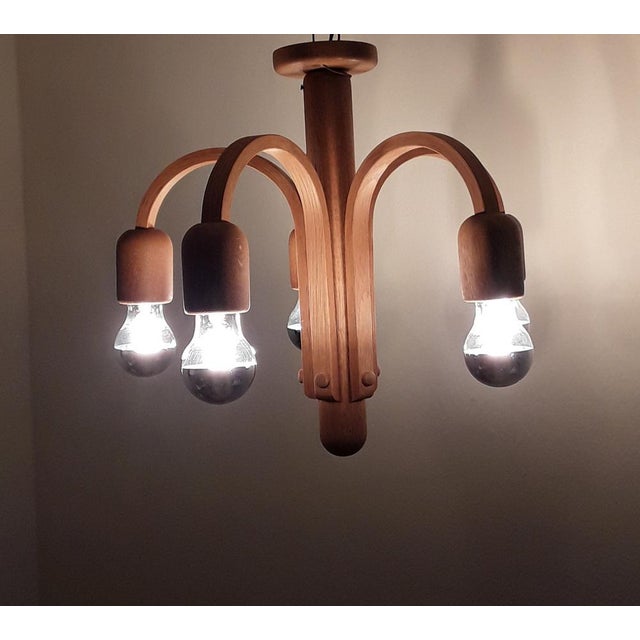 1970s Vintage German Ceiling Lamp with Curved Oak Frame from Domus, 1970s For Sale - Image 5 of 7