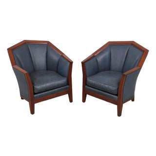 Pair of Stickley Cherry Blue Leather Club Chairs For Sale