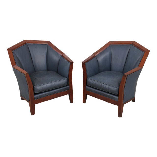 Pair of Stickley Cherry Blue Leather Club Chairs For Sale