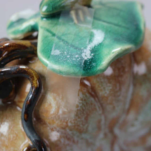 Early 20th Century Majolica Pumpkin, Vine & Leaf Form Pottery Tea Pot with Beatle For Sale - Image 4 of 8