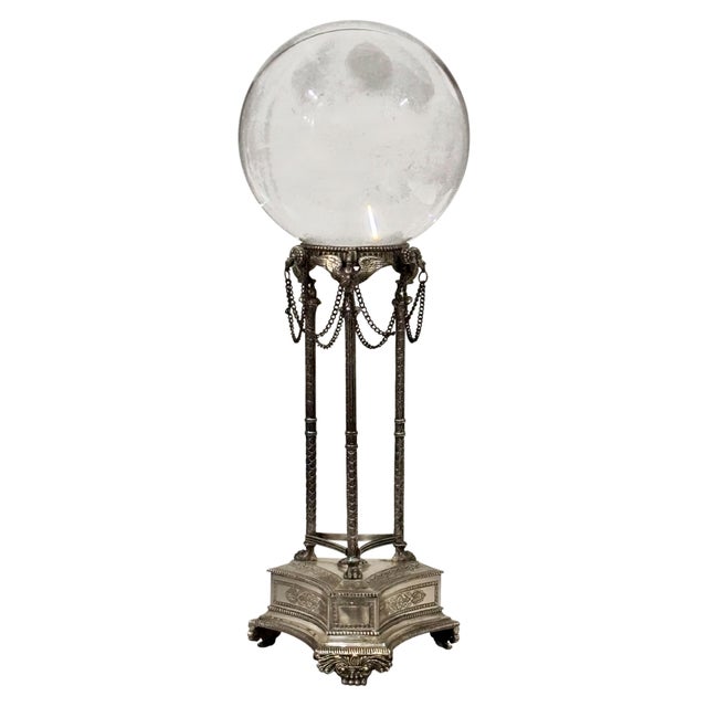 Traditional Large Crystal Glass Ball on Empire Style Silver Plate Tripod Stand For Sale - Image 3 of 6