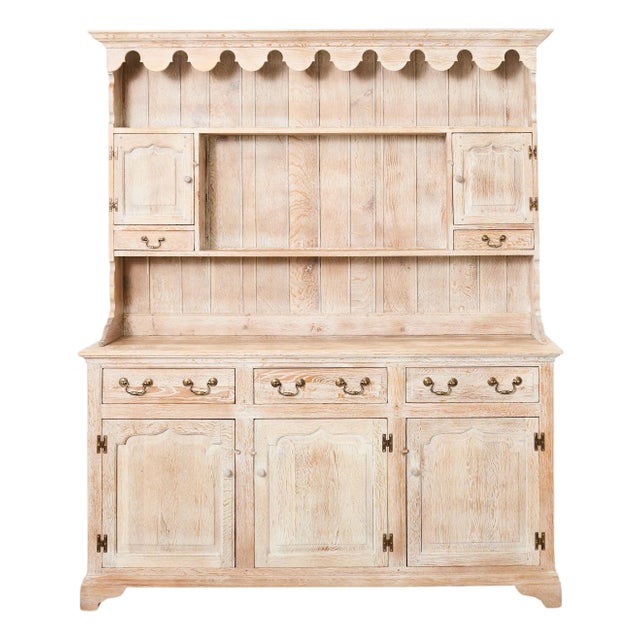 Late 20th Century Country English Cerused Limed Oak Welsh Cupboard Dresser For Sale