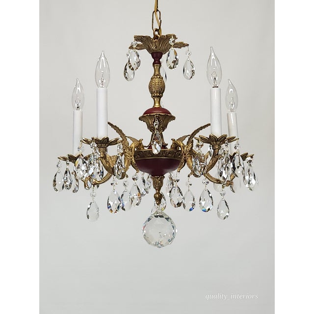 Antique 5 Arm Petite Oxblood Empire Brass Cut Lead Glass Crystal Chandelier For Sale - Image 9 of 18