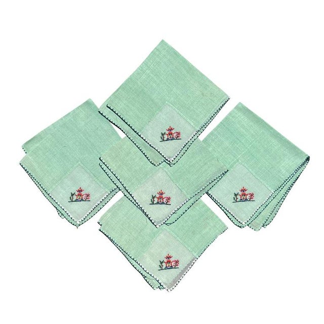 Chinoiserie Chinoiserie Mint Green Square Embroidered Pagoda Motif Cloth Dinner Napkins - 5 For Sale - Image 3 of 6