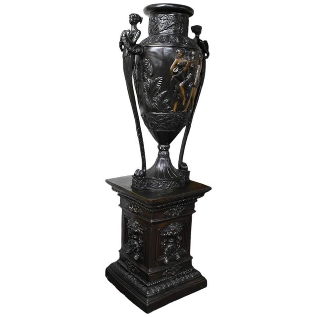Mid 20th Century Tall Black Metal Urn With Pedestal For Sale - Image 9 of 9
