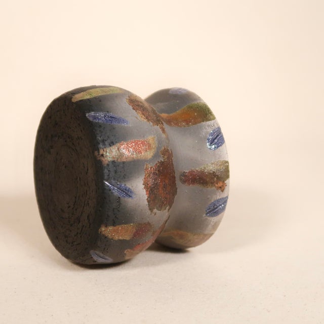 Signed Studio Pottery Raku Ceramic Vessel With Metallic Copper Glaze and Abstract Brushwork For Sale - Image 10 of 17