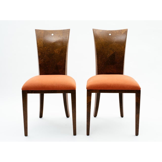 Pair of coconut shell chairs with curved backs and mother-of-pearl inlay detail at top. Paris, France, circa 1990s.