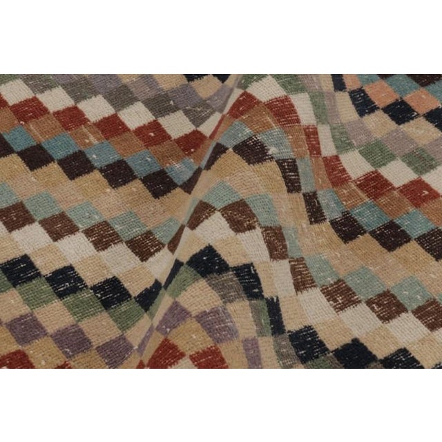 Textile Vintage Turkish Distressed Rug, Earthy Geometric Checkered Mosaic - Rug & Kilim For Sale - Image 7 of 9