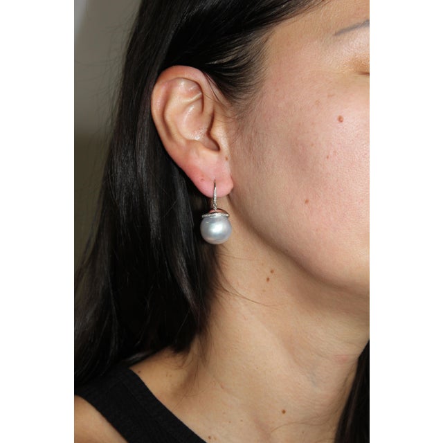South Sea White Pearl Diamond Halo Pave 14 Karat White Gold Hook Drop Earrings, A Pair For Sale In Washington DC - Image 6 of 11