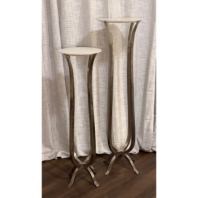 Contemporary Global Views Chorda Pedestal Pair – Nickel & White Marble (Large + Medium) For Sale - Image 3 of 10