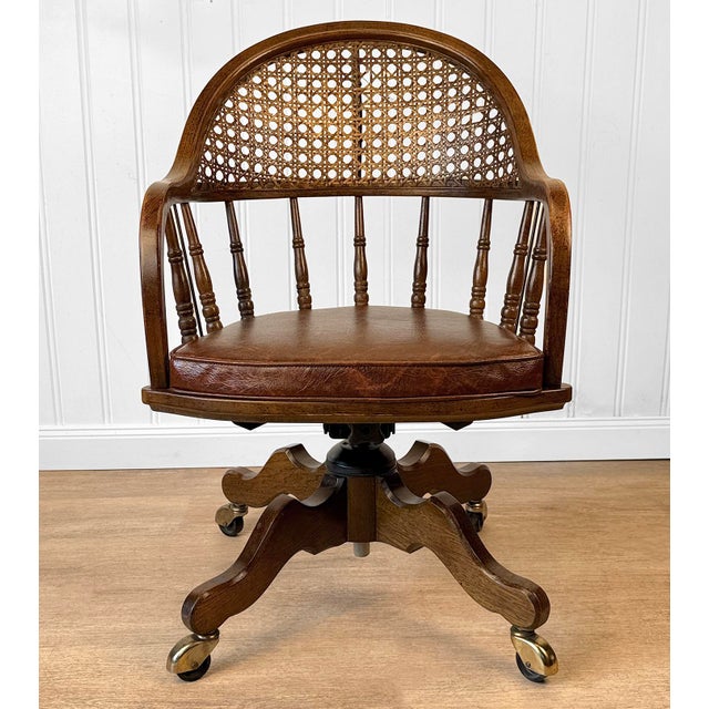 1960s Vintage Traditional Mahogany & Cane Bankers Swivel Desk Chair For Sale - Image 5 of 17