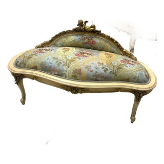 Rococo Sky Blue Settee – Gold Leaf Frame, Ornate Cherub Top, Damask Upholstery For Sale