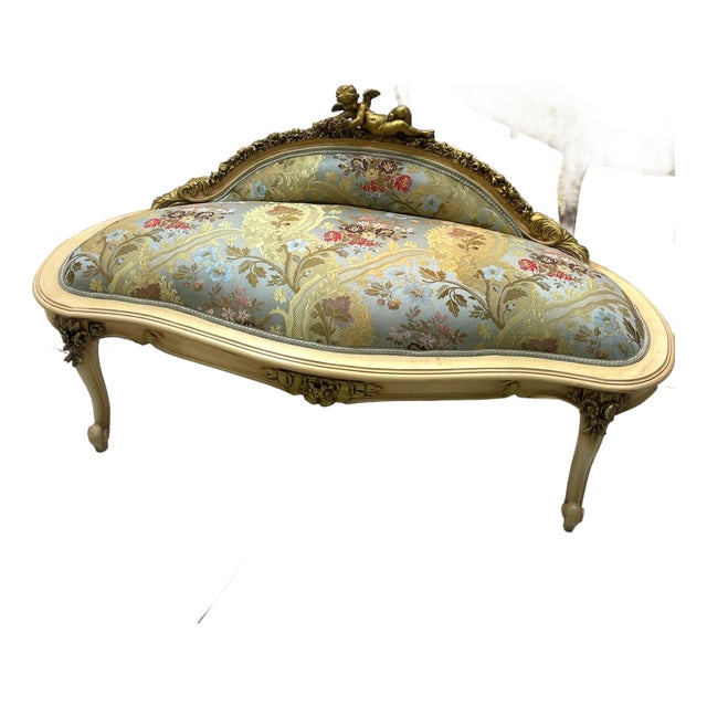 Rococo Sky Blue Settee – Gold Leaf Frame, Ornate Cherub Top, Damask Upholstery For Sale