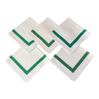 Vintage Linen Napkins With Emerald Green Frame Border - Set of 5 For Sale
