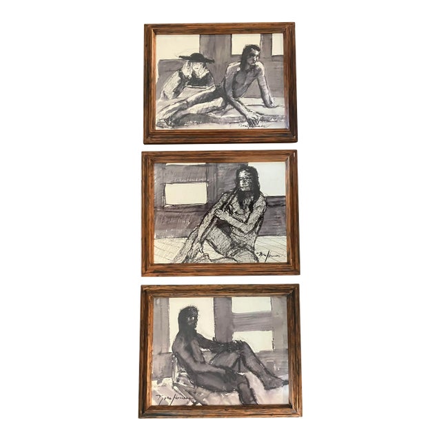 1970’s Original Watercolor Paintings/Charcoal Drawings Abstract Nudes Vintage Wood Frames Signed-Set of 3 For Sale