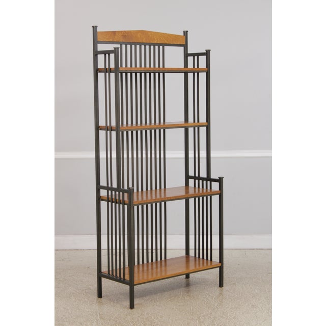 Traditional Stickley Oak 4 Tier Metal Bookshelf Bakers Rack For Sale - Image 3 of 17