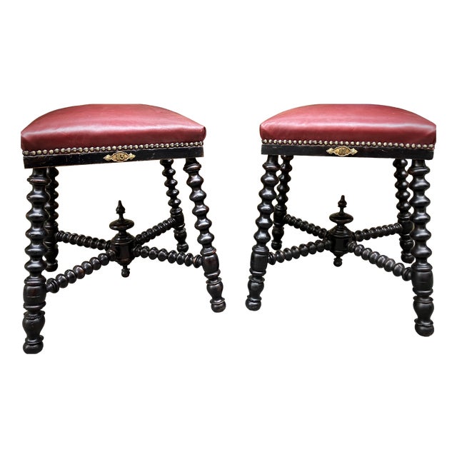 Antique Ebonized Twisted Legs Stools with Burgundy Studded Leather Seats, 1890s, Set of 2 For Sale