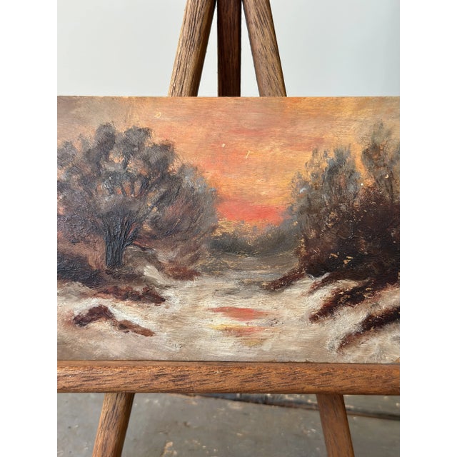 Vintage Impressionist Snowy Daybreak / Sunset Landscape on Board, Circa Mid 20th Century For Sale In New York - Image 6 of 11