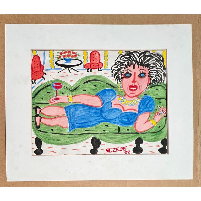 Malcah Zeldis, Malcah Zeldis Folk Art Gouache Painting Wine & Cigarettes Woman Outsider Artist, 1988 For Sale In Miami - Image 6 of 8