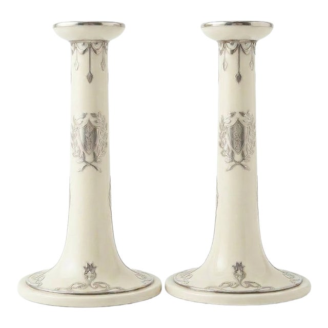 A Pair of Lenox Belleek Porcelain Candlesticks With Sterling Silver Overlay For Sale