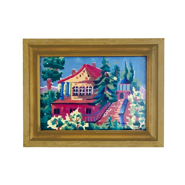 English Vintage 1960s Gilt-Framed Needlepoint Landscape Artwork - a Pair For Sale - Image 3 of 11