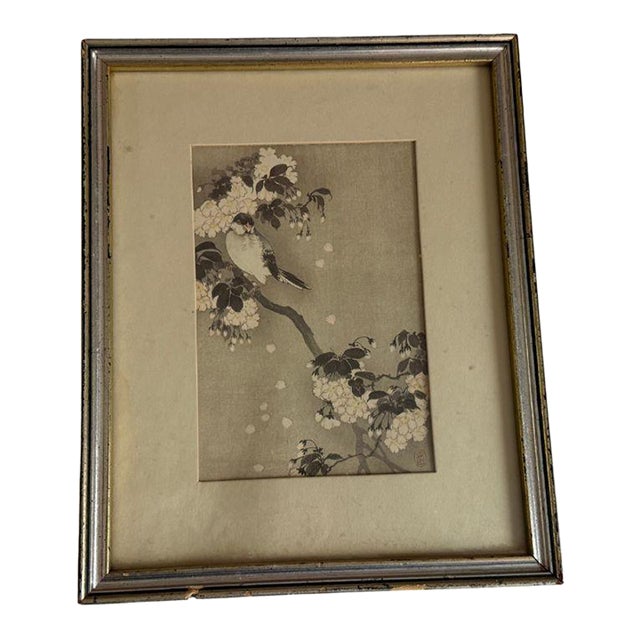 Vintage Japanese Woodblock Print Bird and Cherry Blossom Silver Frame For Sale