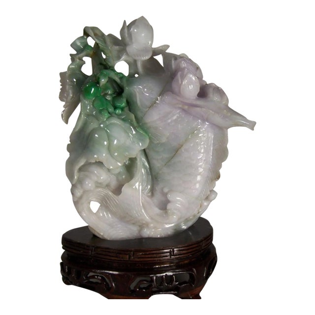 Vintage White Green Lavender Jade Jadite Chinese Fish Carving For Sale