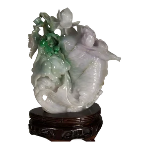 Vintage White Green Lavender Jade Jadite Chinese Fish Carving