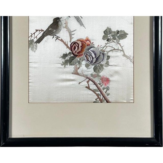 Vintage Framed Chinese Silk Embroidery Panels Birds and Flowers Huaniao Art Pair For Sale - Image 9 of 11