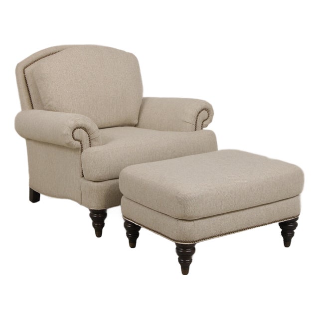 Ethan Allen Upholstered Club Chair & Ottoman For Sale