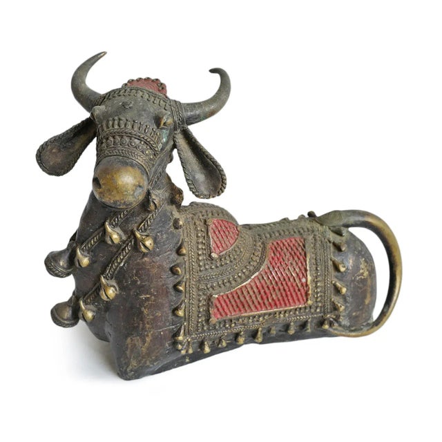 Antique brass Nandi bull figure from India. Beautiful aged patina and coloring. Symbolic traditional intricate decorative...