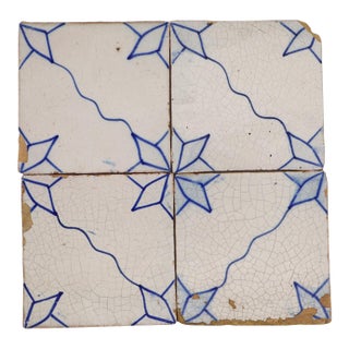 19th Century Antique Portuguese Tiles, Blue & White Set of Four For Sale