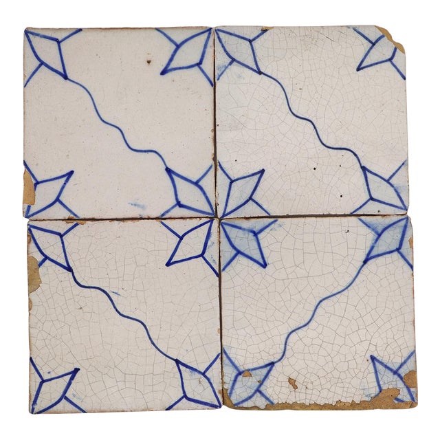 19th Century Antique Portuguese Tiles, Blue & White Set of Four For Sale