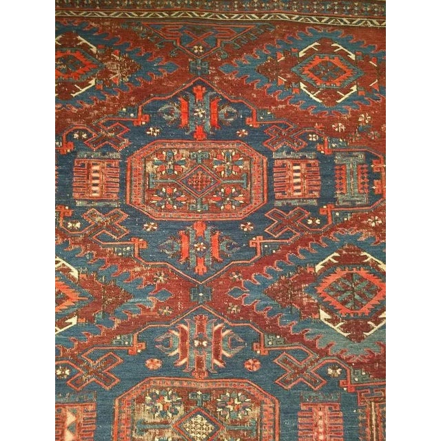 Antique Caucasian Soumak Area Rug, Handwoven Wool, Allover Geometric Pattern, Red & Blue, 5x7 For Sale - Image 4 of 8