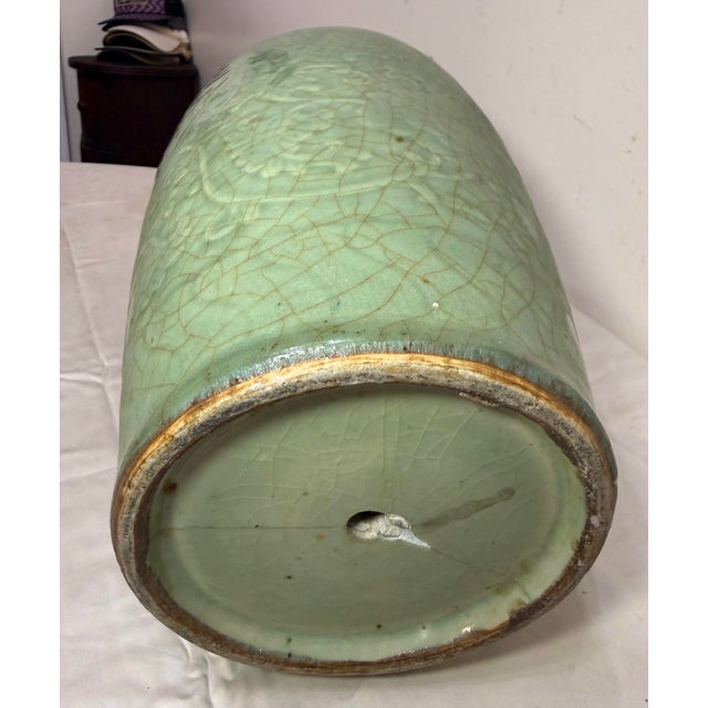 Huge Antique 19th Century Qing Dynasty Chinese Relief Green Celadon Pottery Vase For Sale - Image 9 of 11