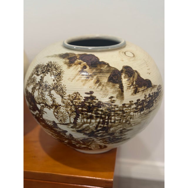 Stunning Signed Asian Hand- Painted Scenic Vases | Moon Jars Wheel thrown | Hand-Painted | Glazed | Signed by Artist...