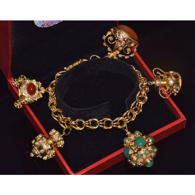 Metal Vintage Portuguese Italian Solid 19.2k & 18k Gold Etruscan Revival Multigem Fob Charm Bracelet For Sale - Image 7 of 15