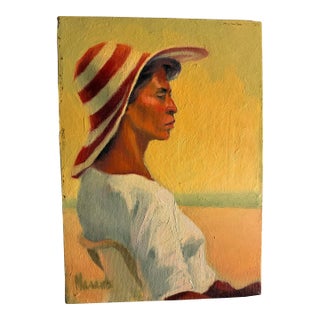 Mid 20th Century Original Painting Signed "Marantz" (Irving?) of Woman in Hat on Beach For Sale