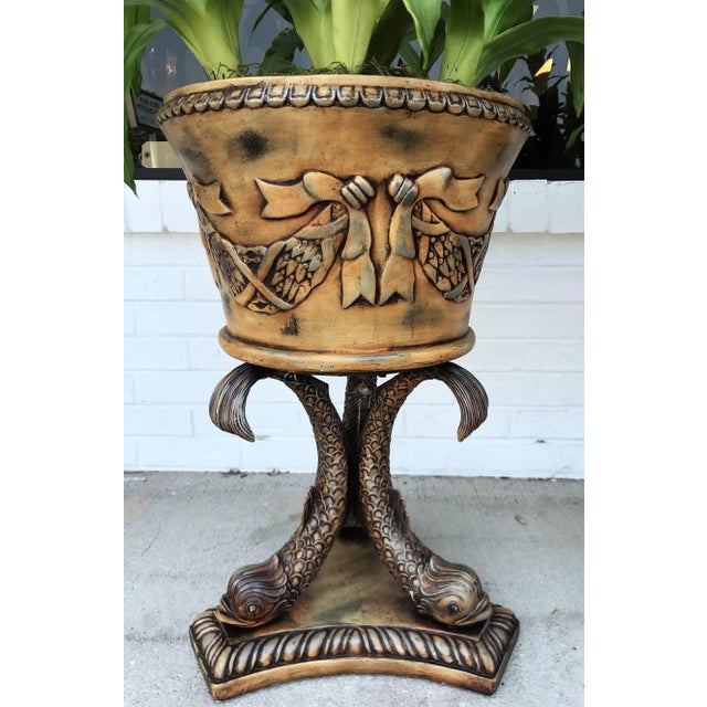 Beige Koi Fish Pedestal Planters With Faux Floral Bromeliads- a Pair For Sale - Image 8 of 11