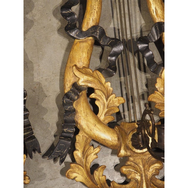 Pair of Italian Giltwood and Ebonized Louis XVI Style Lyre Form Sconces, 1950s For Sale - Image 12 of 18
