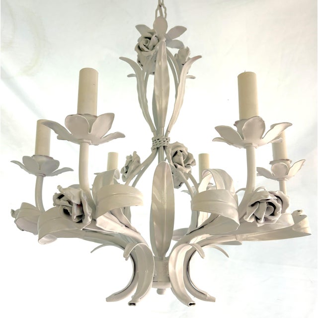Vintage Tole 6-Light Chandelier With Rose Details For Sale - Image 16 of 18