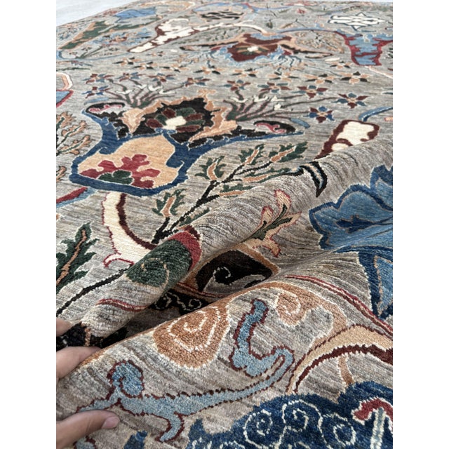 Textile Sickle Leaf Area Rug, Hand-Knotted Wool, Floral, 9x12, Stone & Indigo For Sale - Image 7 of 11
